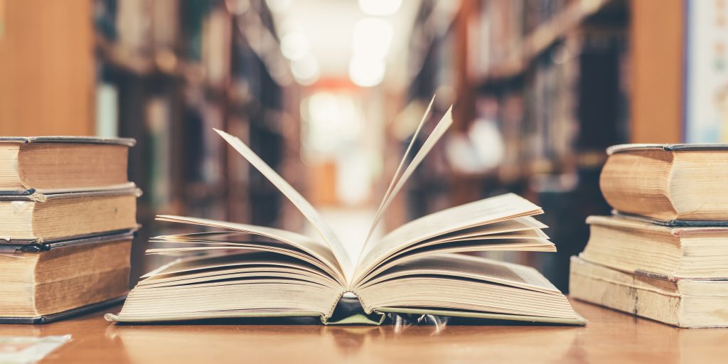 An open book in a library